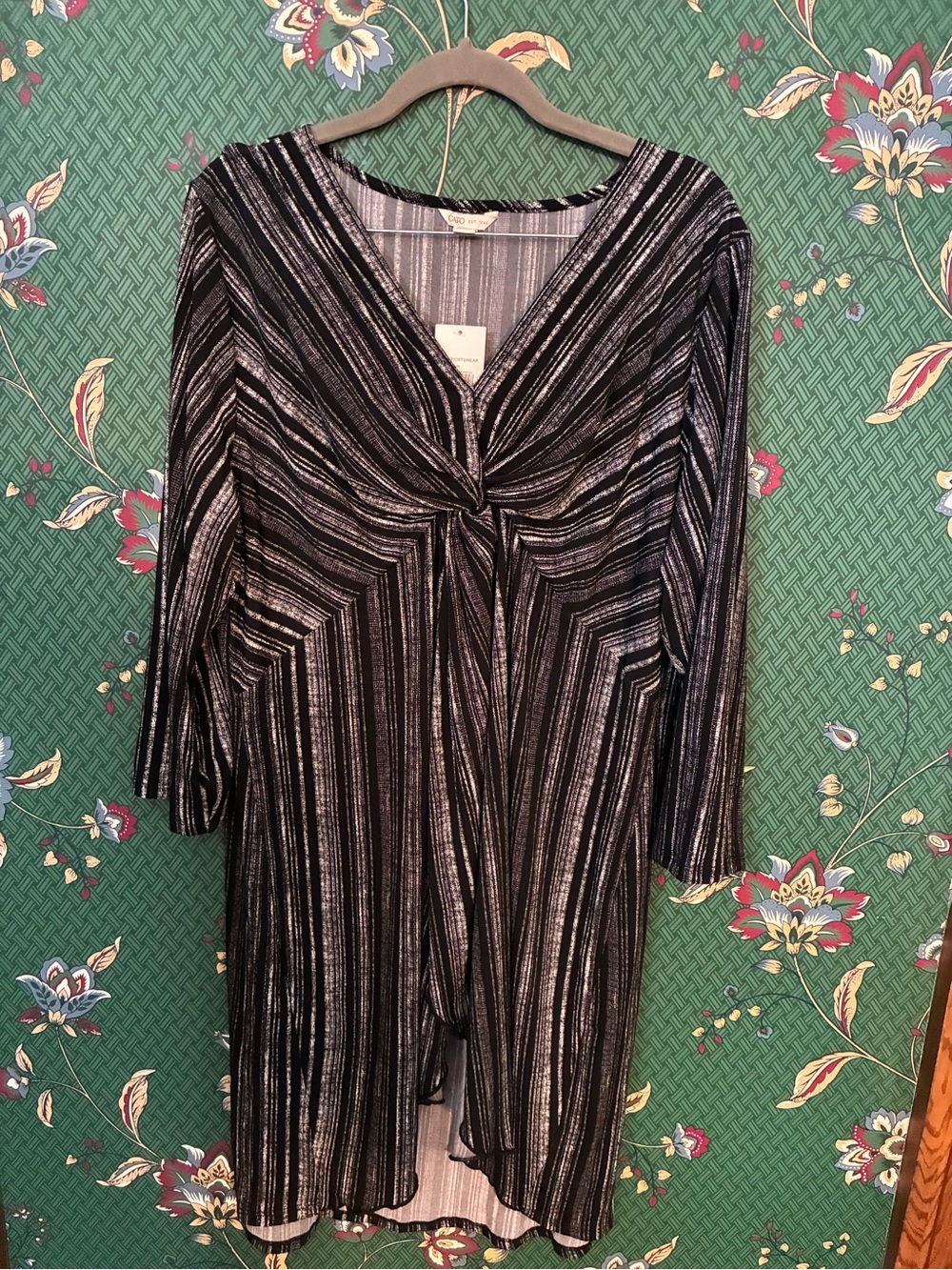 Striped Metallic Knit V-Neck Twist Front Women’s Dress- Black/Silver